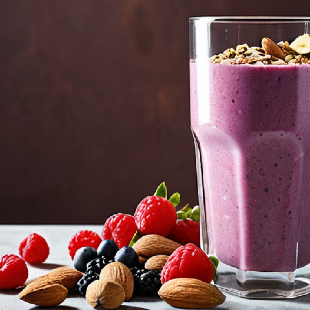 **

Prompt: "A colorful smoothie featuring almond milk, berries, and nuts (if nut allergies are absent). The smoothie is in a clear glass, with visible layers of ingredients. Background shows other allergy-friendly ingredients like oats and seeds."

**