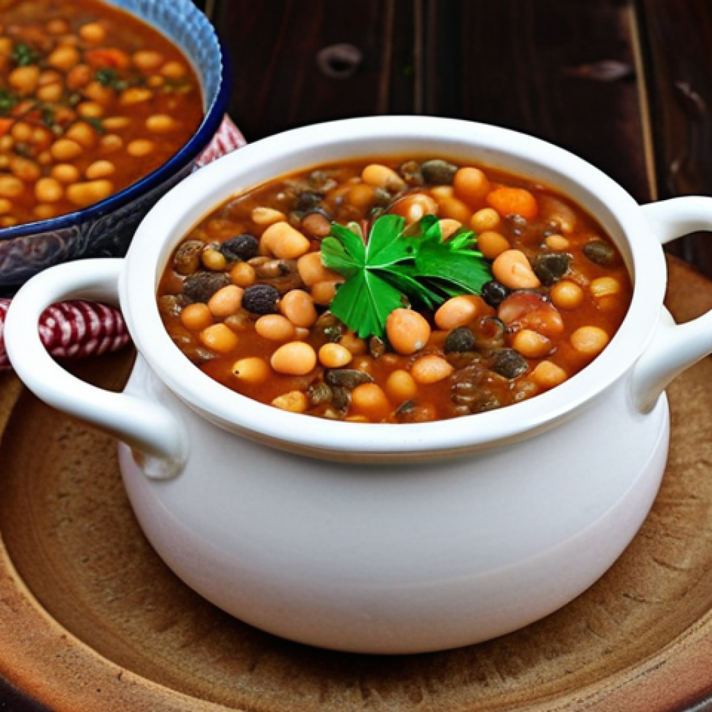 **
A vibrant and colorful lentil soup simmering in a rustic ceramic pot, garnished with fresh herbs. Various bowls filled with different types of beans (kidney, black, white) and chickpeas surround the pot. A wooden table with a checkered cloth serves as the backdrop. Focus on the textures of the lentils and beans. Warm, inviting lighting.
**