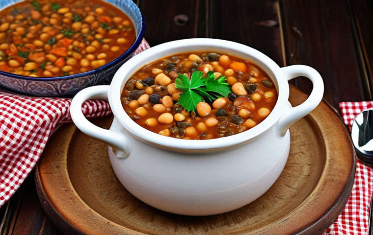 **

A vibrant and colorful lentil soup simmering in a rustic ceramic pot, garnished with fresh herbs.  Various bowls filled with different types of beans (kidney, black, white) and chickpeas surround the pot.  A wooden table with a checkered cloth serves as the backdrop.  Focus on the textures of the lentils and beans.  Warm, inviting lighting.
**