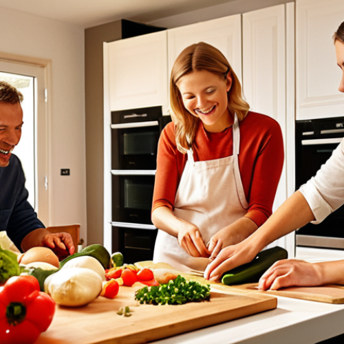 A cozy German kitchen scene. Friends are gathered around a table, preparing a meal together. One person is carefully checking ingredient labels, while another is chopping vegetables on a separate, clean cutting board. The atmosphere is relaxed and joyful, emphasizing the safety and control of cooking allergen-free at home. Soft, warm lighting.