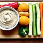 **

A colorful assortment of fruit and vegetable sticks arranged on a wooden board, accompanied by a creamy, dairy-free cashew dip in a small bowl. The scene is bright and inviting, emphasizing healthy and allergen-friendly snacking. Focus on showcasing the variety of textures and colors.

**
