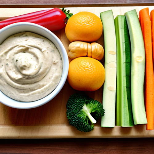 **

A colorful assortment of fruit and vegetable sticks arranged on a wooden board, accompanied by a creamy, dairy-free cashew dip in a small bowl. The scene is bright and inviting, emphasizing healthy and allergen-friendly snacking. Focus on showcasing the variety of textures and colors.

**