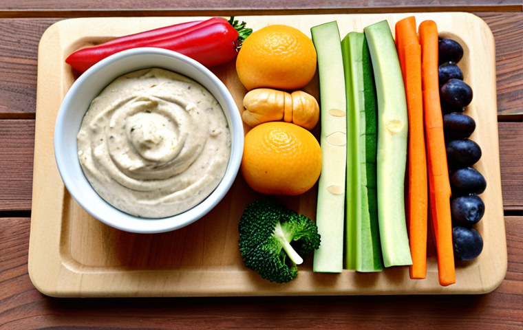 **

A colorful assortment of fruit and vegetable sticks arranged on a wooden board, accompanied by a creamy, dairy-free cashew dip in a small bowl. The scene is bright and inviting, emphasizing healthy and allergen-friendly snacking. Focus on showcasing the variety of textures and colors.

**