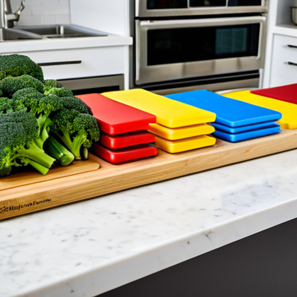 알레르기 대응을 위한 조리 도구 추천 - Color-Coded Cutting Boards**
"A set of brightly colored cutting boards (green, red, blue, yellow) n...