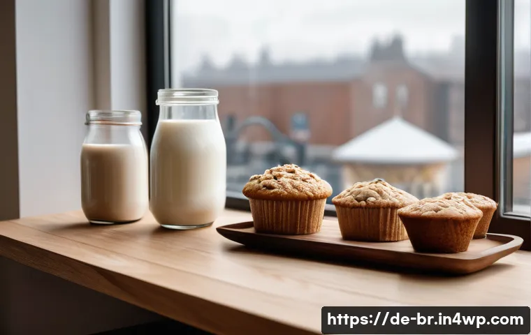 알레르기 유발 식품 대체 레시피 - A cozy modern kitchen scene featuring an assortment of plant-based milk alternatives on a wooden cou...
