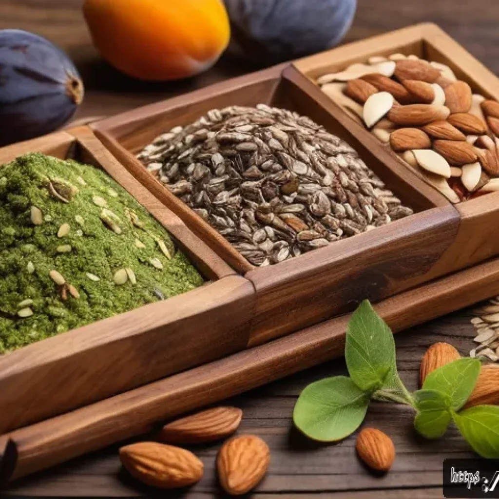대체 식품을 이용한 영양 간식 레시피 - A vibrant, close-up image of a rustic wooden table scattered with a colorful assortment of plant-bas...