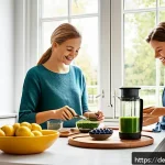 알레르기 대응을 위한 슈퍼푸드 - A bright and inviting kitchen scene featuring a German family preparing a healthy breakfast. The cou...
