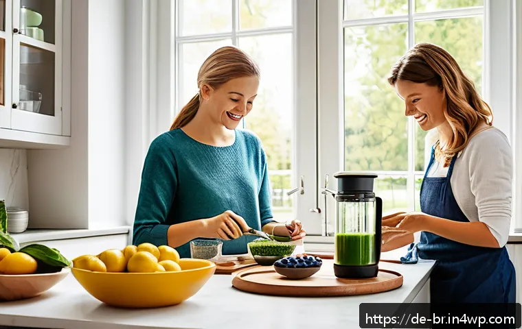 알레르기 대응을 위한 슈퍼푸드 - A bright and inviting kitchen scene featuring a German family preparing a healthy breakfast. The cou...