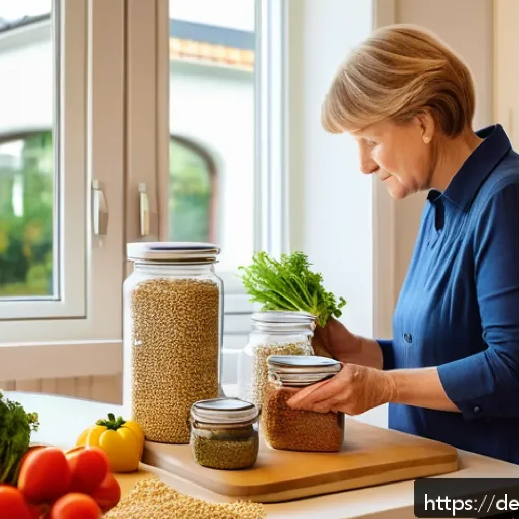 알레르기 성분을 피하는 요리법 - A bright, modern German kitchen scene featuring a middle-aged woman carefully reading ingredient lab...