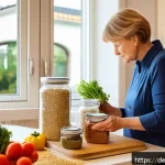 알레르기 성분을 피하는 요리법 - A bright, modern German kitchen scene featuring a middle-aged woman carefully reading ingredient lab...