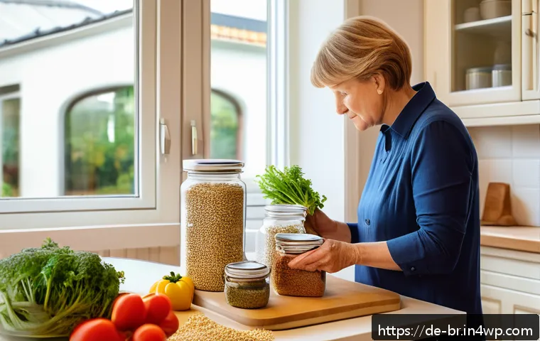 알레르기 성분을 피하는 요리법 - A bright, modern German kitchen scene featuring a middle-aged woman carefully reading ingredient lab...