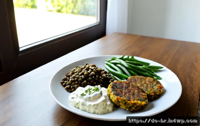 대체 식품으로 만든 저염 식사 - Photorealistic low-sodium lunch made with plant-based alternatives on a bright German kitchen table:...
